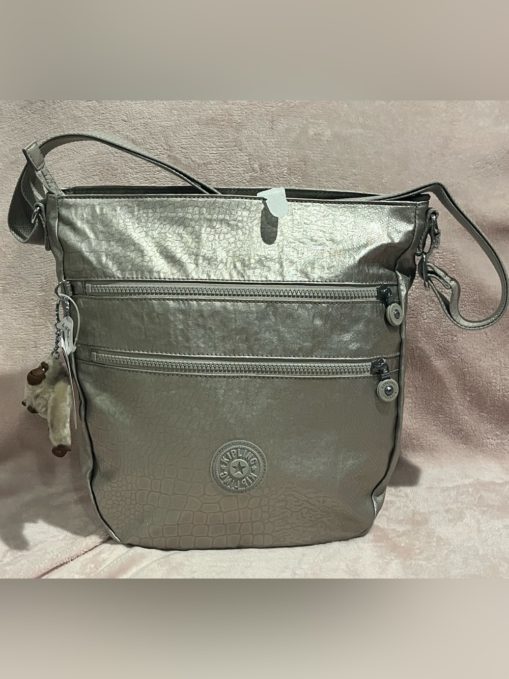 Kipling Metallic Silver Snake Embossed Crossbody  NWT MSRP $114